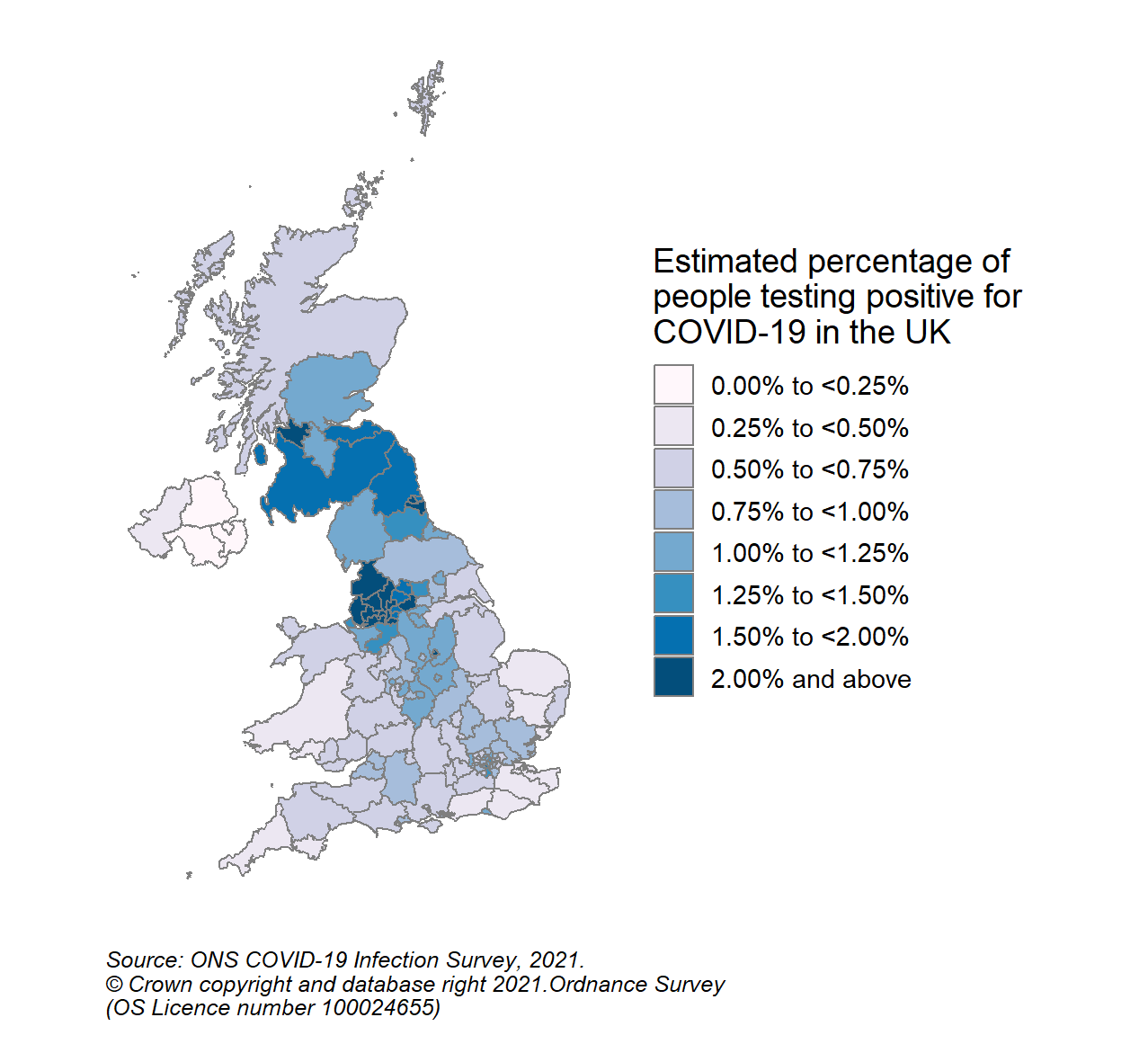 Figure 5: Modelled estimates of the percentage of the community population within each CIS sub-region who would have tested positive for COVID-19 in the week 4 to 10 July 2021 in the UK (See notes 3,5,9)