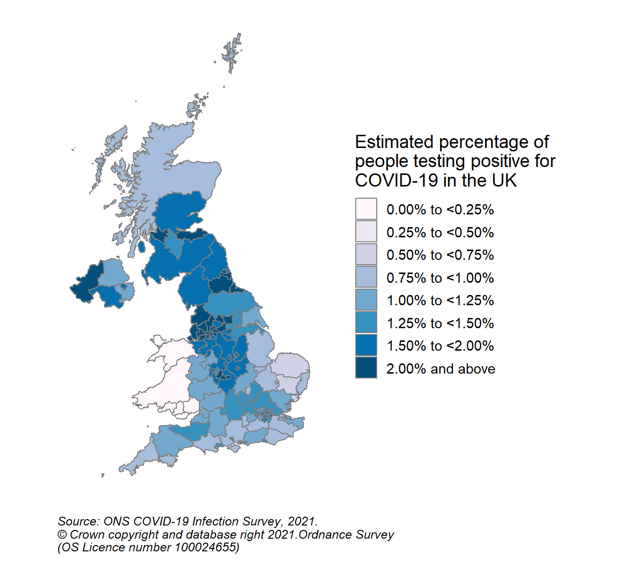 Figure 5: Modelled estimates of the percentage of the community population within each CIS sub-region who would have tested positive for COVID-19 in the week 18 to 24 July 2021 in the UK (See notes 3,5,9,10)