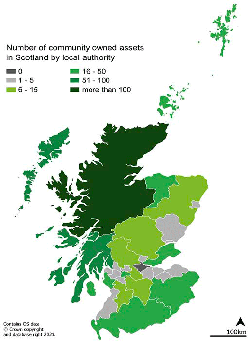 Map of Scotland showing the distribution of assets by local authority