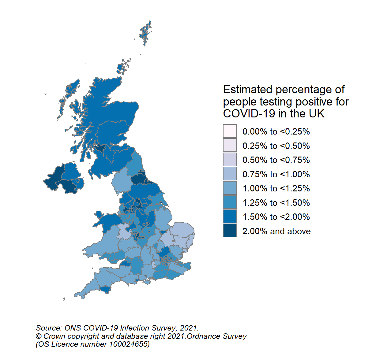 Figure 5: Modelled estimates of the percentage of the community population within each CIS sub-region who would have tested positive for COVID-19 in the week 28 August to 3 September 2021 in the UK (See notes 3,5,9,10,12)