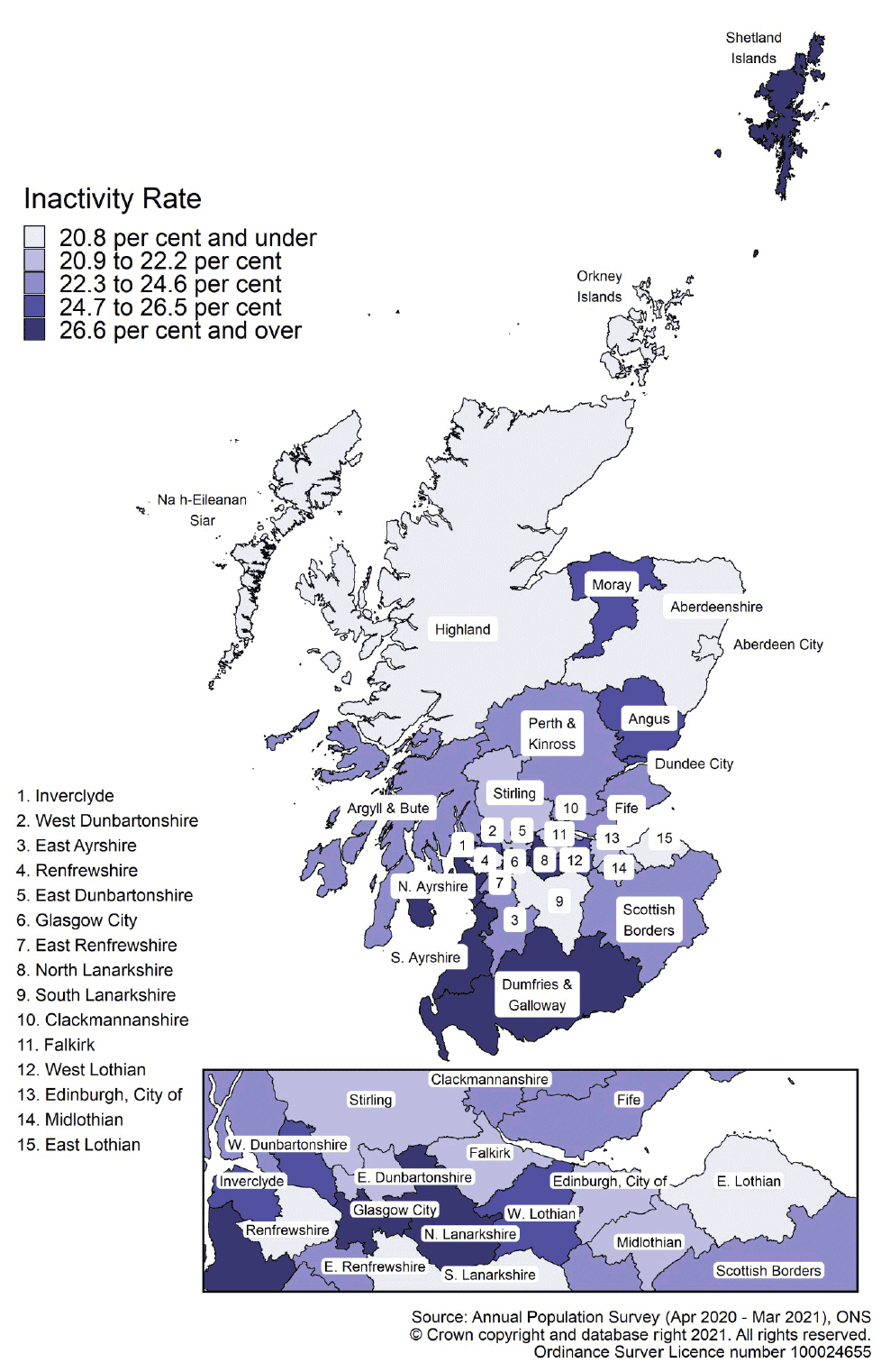 Map of Scotland showing inactivity rate ranges by local authority area for 16 to 64 year olds in April 2020 - March 2021