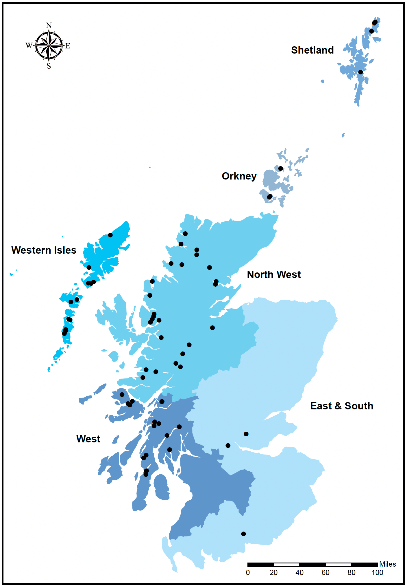 This is a map showing the distribution of active Atlantic salmon smolt sites in Scotland in 2020. The map is split into 6 areas: Shetland, Orkney, North West, East & South, West and Western Isles and has black dots showing where each site is on the map.