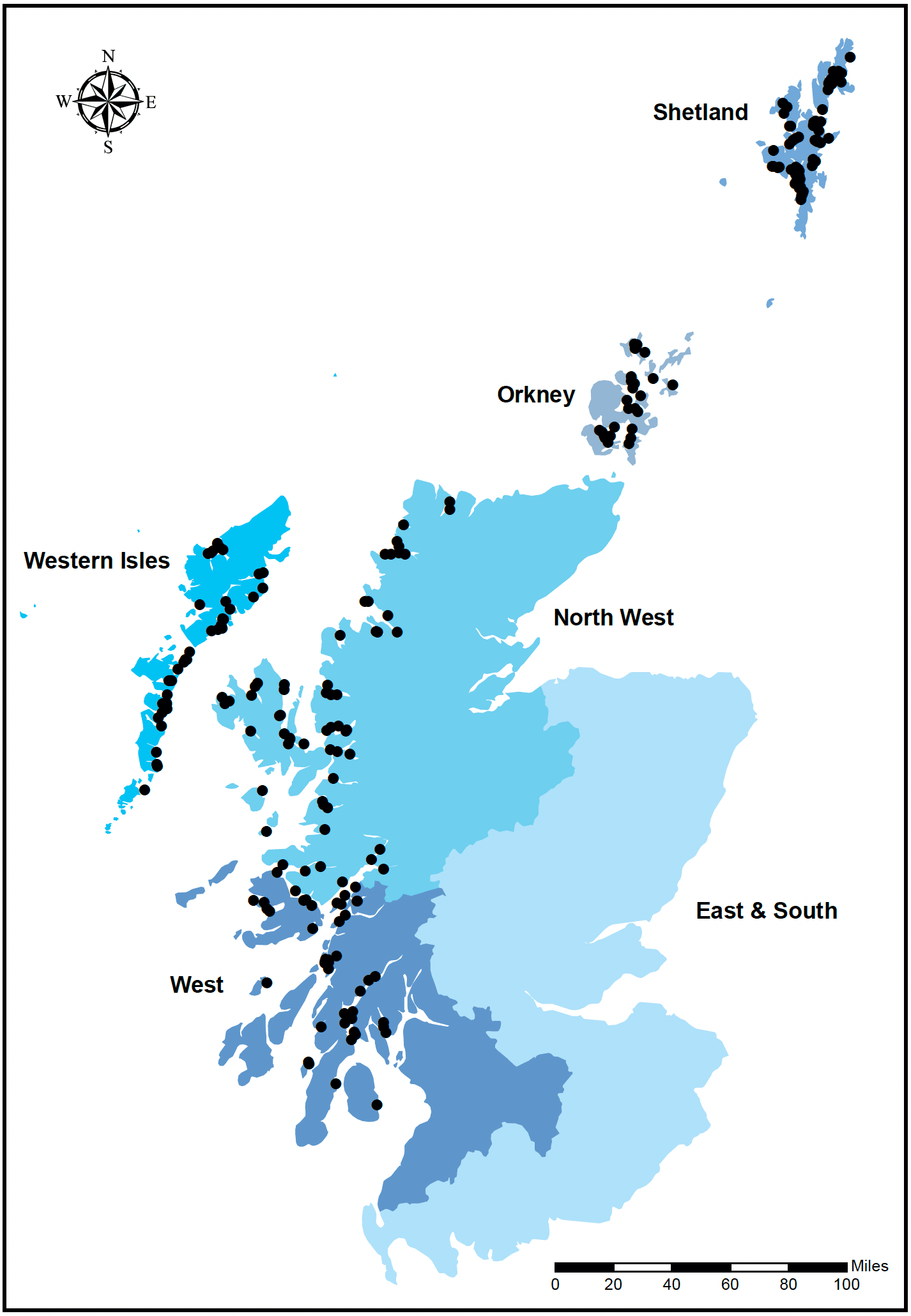 This is a map showing the distribution of active Atlantic salmon production sites in Scotland in 2020. The map is split into 6 areas: Shetland, Orkney, North West, East & South, West and Western Isles and has black dots showing where each site is on the map.