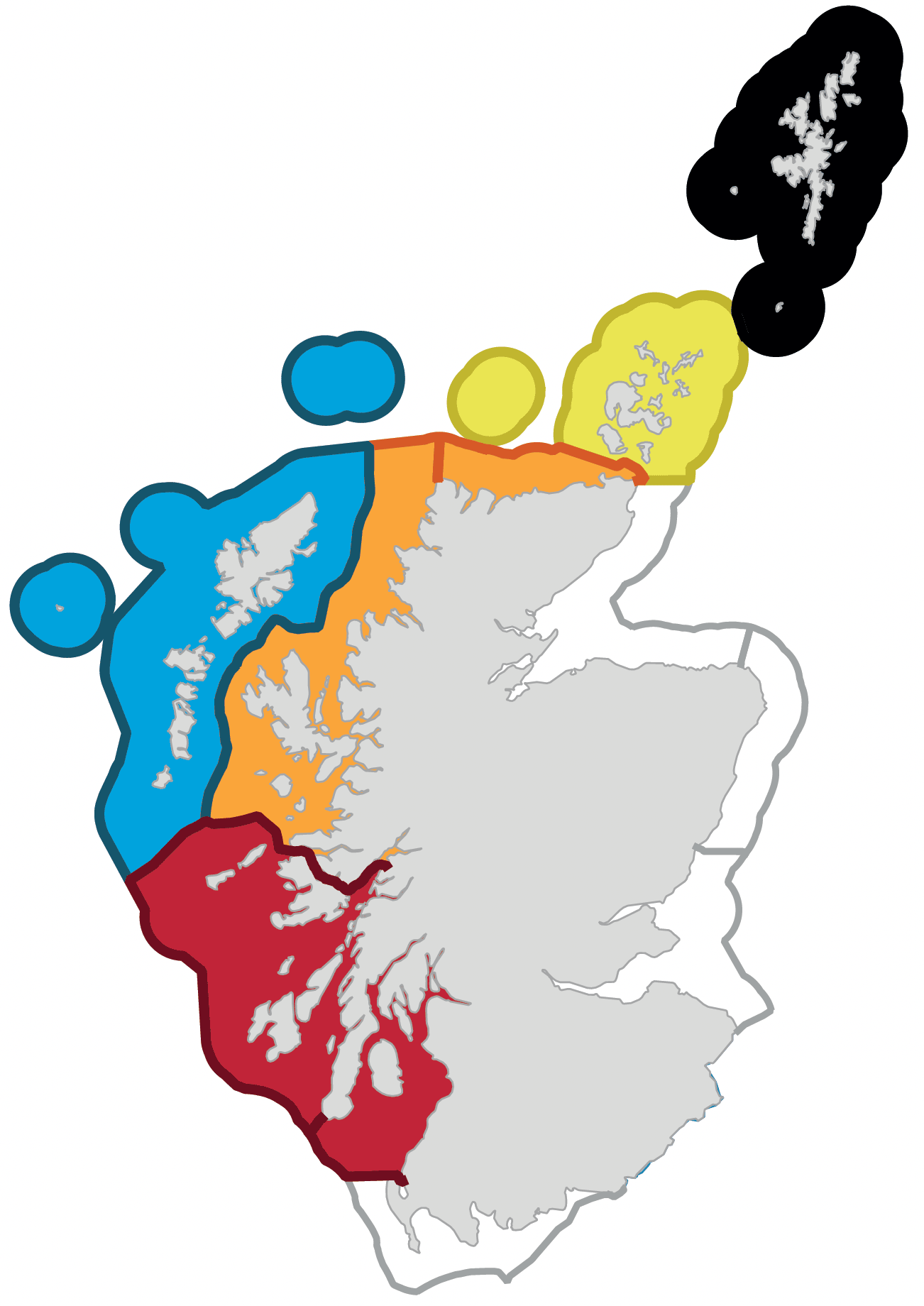 Map of Scottish Marine regions. This map has the same areas shown as the map on page 39. It has different colours for each region to tie in with data shown below in the form of line graphs.