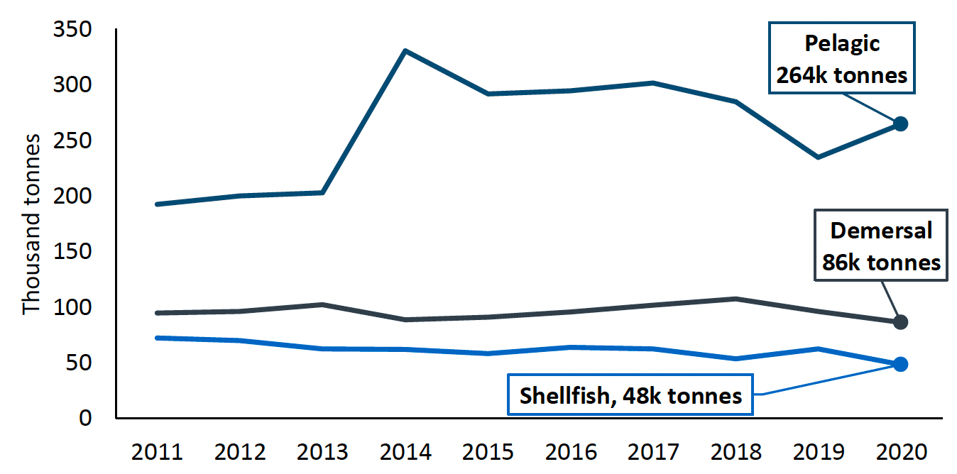 Tonnage of landings by Scottish vessels by species type, 2011 to 2020
