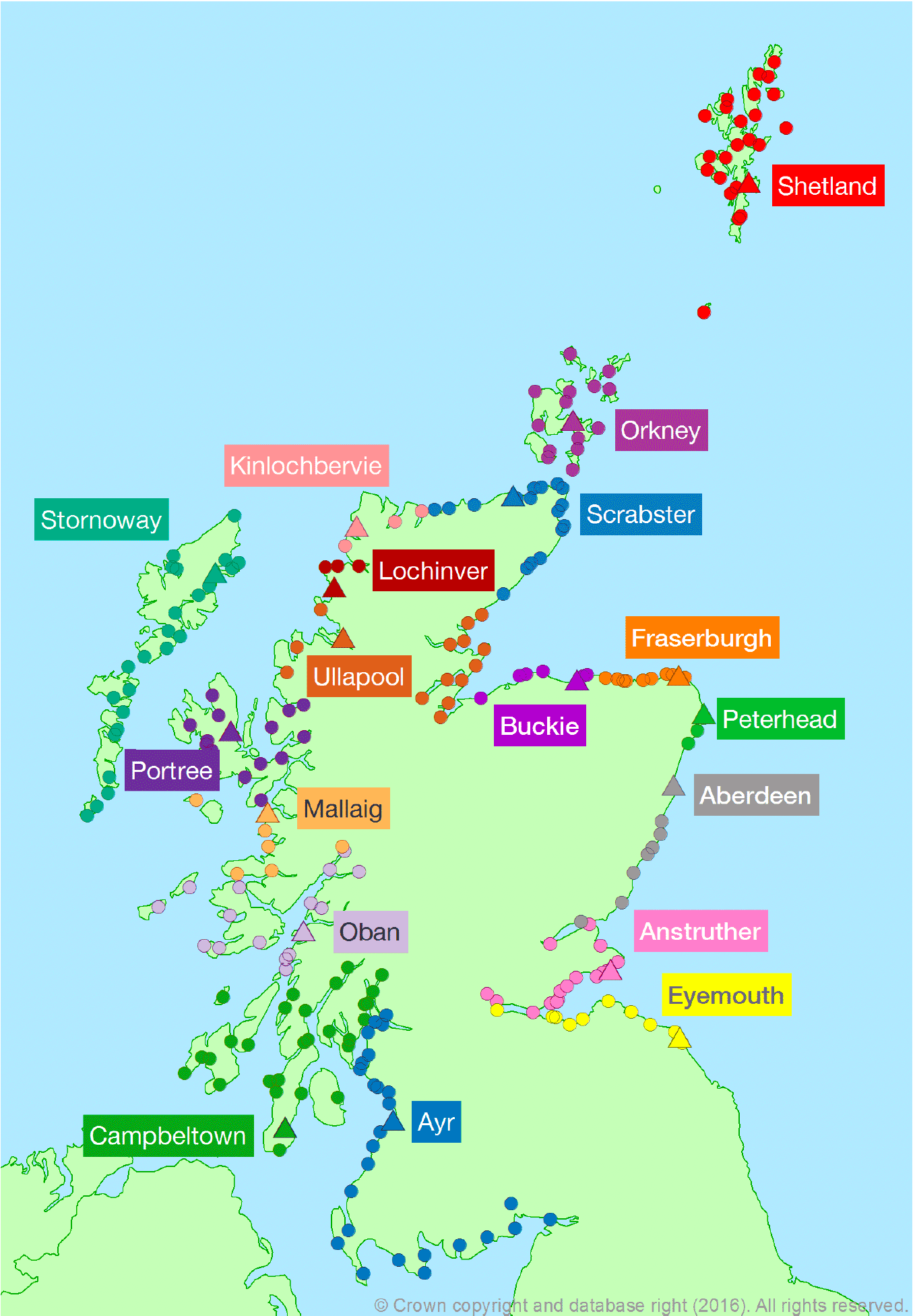Map showing the districts and ports in Scotland 