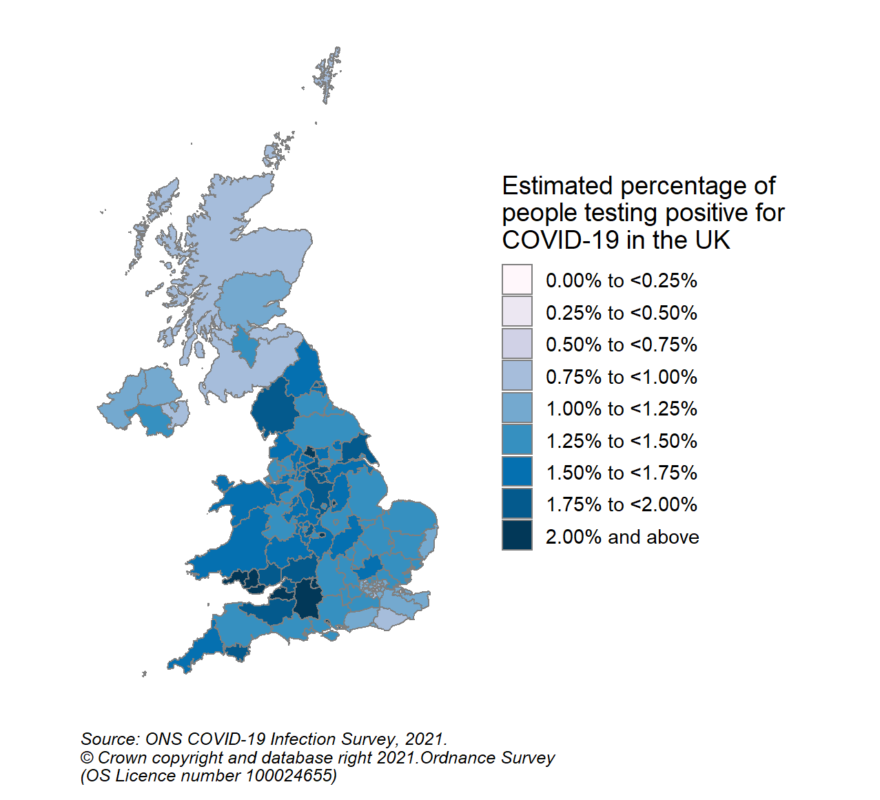 This colour coded map of the UK shows the modelled estimates of the percentage of the private residential population testing positive for COVID-19, by COVID-19 Infection Survey sub-regions. In Scotland, these sub-regions are comprised of Health Boards. The regions are: 123 - NHS Grampian, NHS Highland, NHS Orkney, NHS Shetland and NHS Western Isles, 124 - NHS Fife, NHS Forth Valley and NHS Tayside, 125 - NHS Greater Glasgow & Clyde, 126 - NHS Lothian, 127 - NHS Lanarkshire, 128 - NHS Ayrshire & Arran, NHS Borders and NHS Dumfries & Galloway.  The sub-region with the highest modelled estimate for the percentage of people testing positive was CIS Region 127 (NHS Lanarkshire) at 1.36% (95% credible interval: 1.09% to 1.70%).  The sub-region with the lowest modelled estimate was Region 123 (NHS Grampian, NHS Highland, NHS Orkney, NHS Shetland and NHS Western Isles), at 0.81% (95% credible interval: 0.64% to 1.02%).