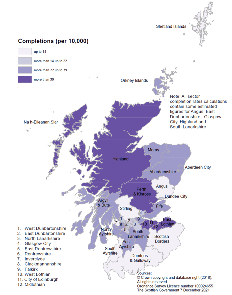 Map A: All-sector new housebuilding completion rates, per 10,000 population in the year to end December 2020