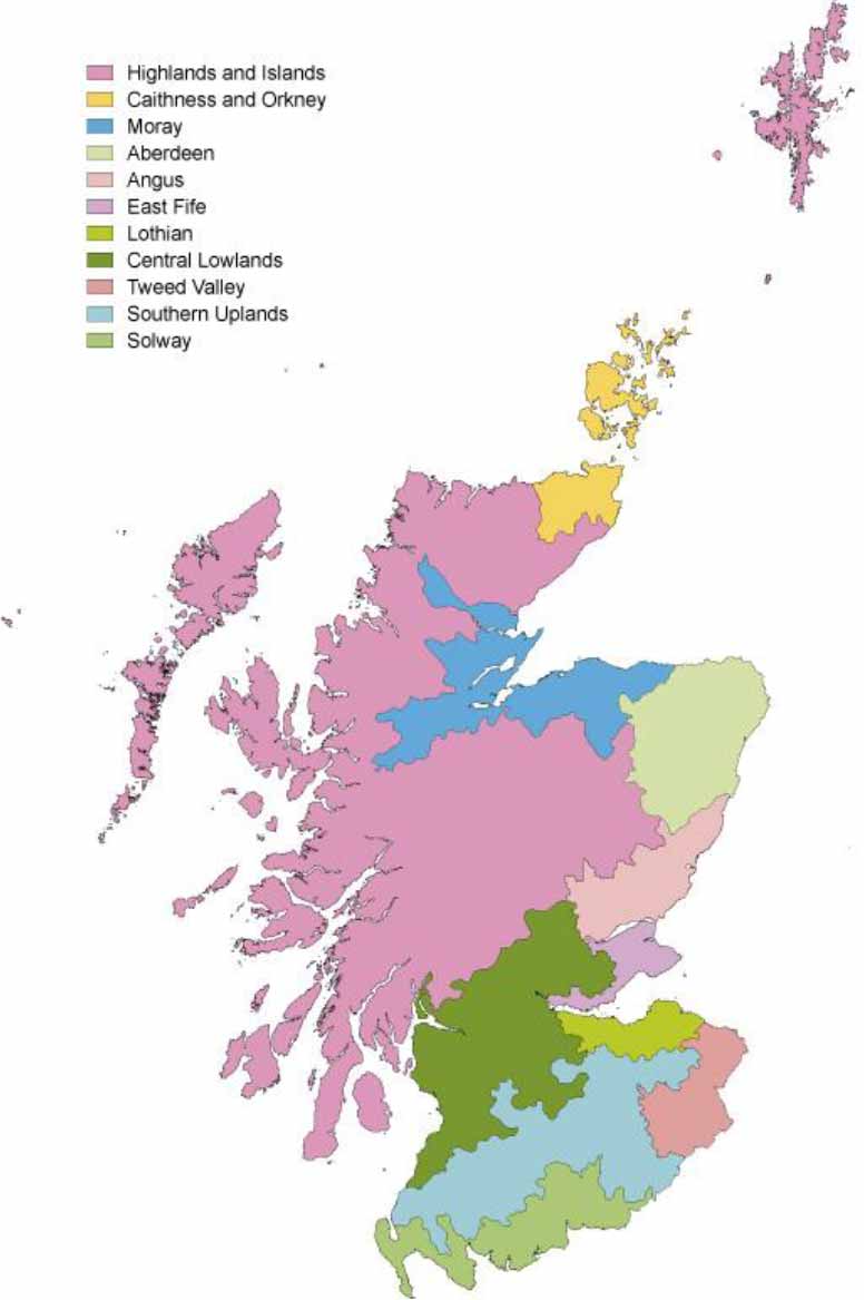 Map of Scotland showing locations of the eleven land use regions sampled