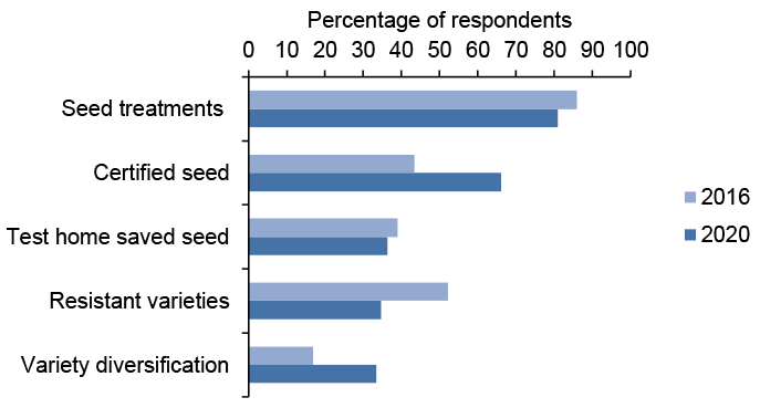 Bar chart of percentage responses to questions about variety and seed choice where seed treatments is the most popular response in 2020