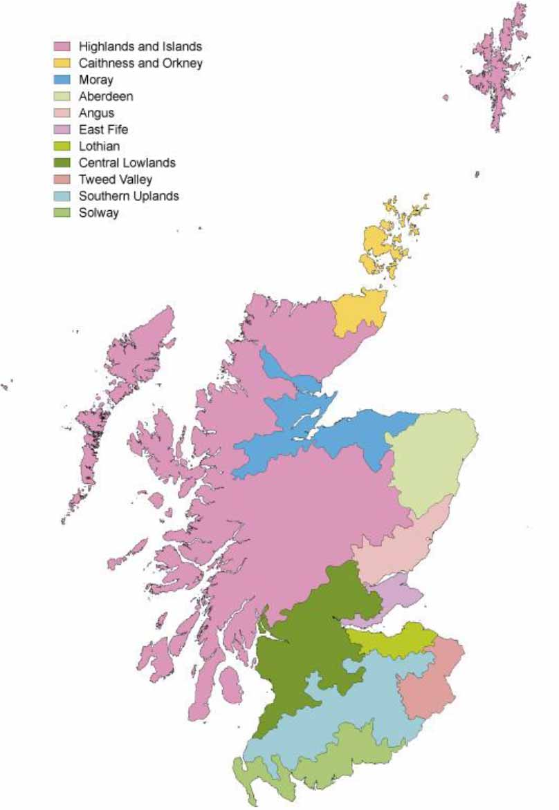 Map of Scotland showing locations of the eleven land use regions sampled
