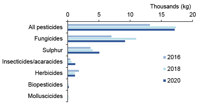 Bar chart showing fungicides are the most used pesticide group by weight applied in 2016, 2018 and 2020.