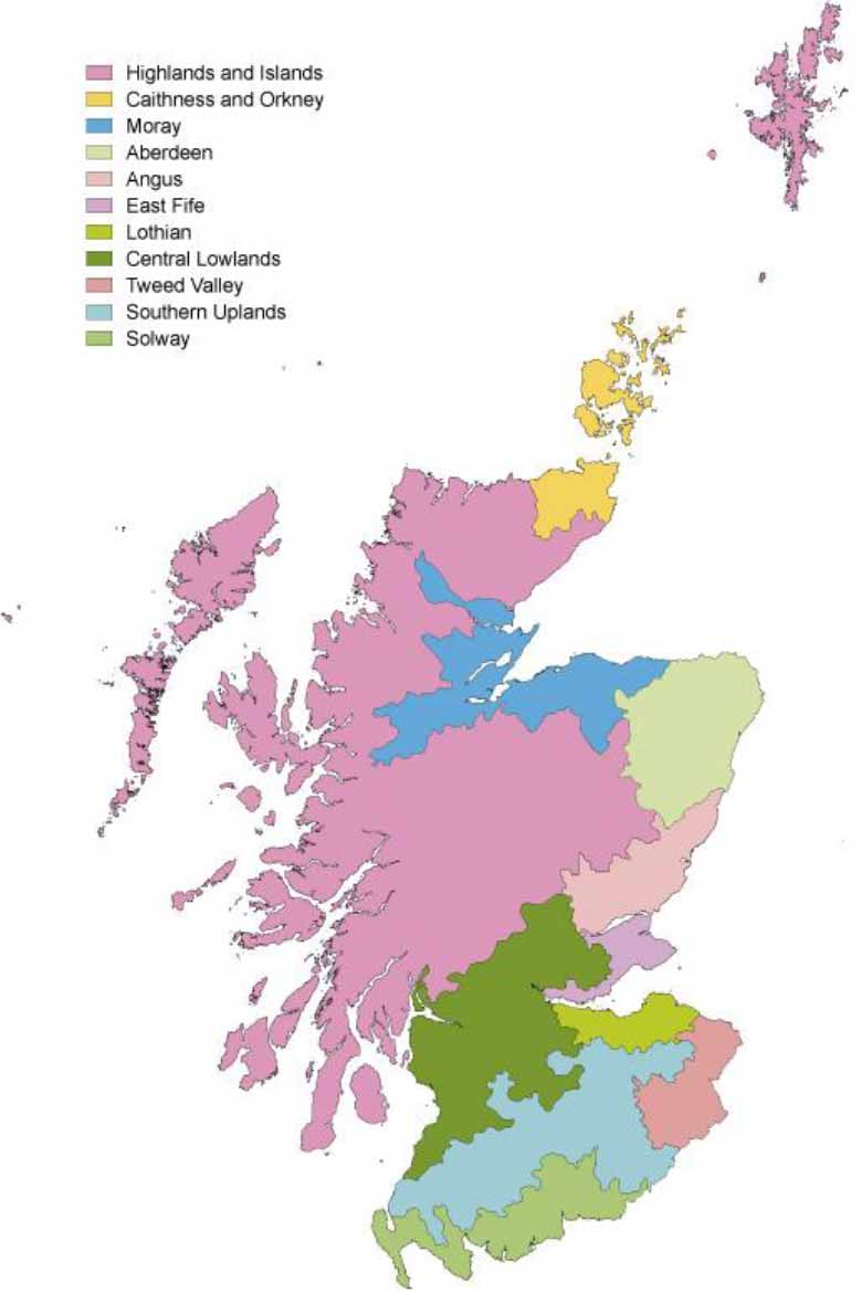 Map of Scotland showing locations of the eleven land use regions sampled.
