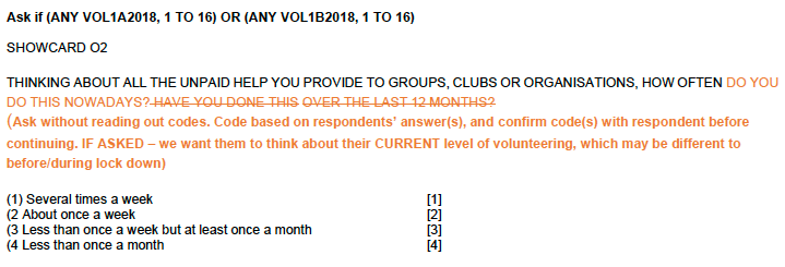 This shows how the SHS question on unpaid help was amended. Previously, the question read, "Thinking about all the unpaid help you provide to groups, clubs and organisations, how often have you done this over this last 12 months?" There were four outcome codes shown on a showcard. The revised version of the question asked about how often they did this nowadays and advised the interviewer not to read out the outcome codes but to code based on respondents' answers and confirm codes before continuing.