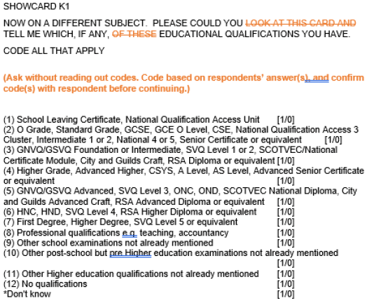 Figure shows changes made to the SHS question on educational qualifications. Previously the question read "Please could you look at this card and tell me which, if any, of these educational qualifications you have.". The question now does not refer to a show card and includes an instruction for the interviewer to not read out codes but instead code from the respondents' answers and confirm with respondent before continuing.