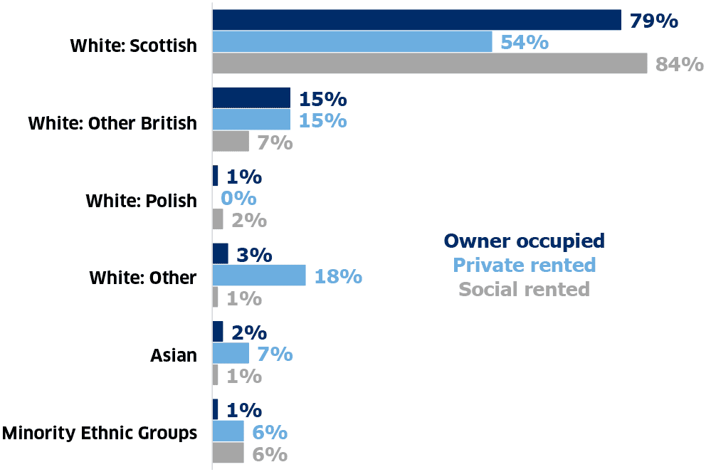 Bar chart showing the proportion of adults from six ethnic groupings (White: Scottish, White: Other British, White: Polish, White: Other, Asian and Minority Ethnic Groups) for the three main types of tenure (owner occupied, private rented and social rented). (Table 1.24).