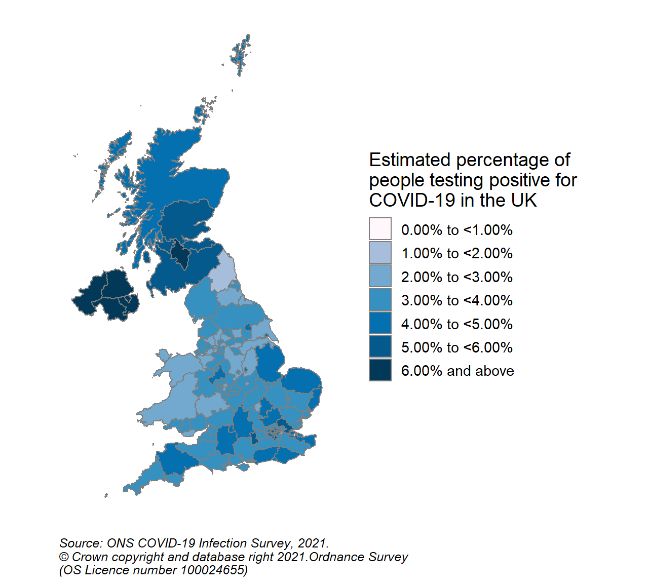 This colour coded map of the UK shows the modelled estimates of the percentage of the private residential population testing positive for COVID-19, by COVID-19 Infection Survey sub-regions. In Scotland, these sub-regions are comprised of Health Boards. The regions are: 123 - NHS Grampian, NHS Highland, NHS Orkney, NHS Shetland and NHS Western Isles, 124 - NHS Fife, NHS Forth Valley and NHS Tayside, 125 - NHS Greater Glasgow & Clyde, 126 - NHS Lothian, 127 - NHS Lanarkshire, 128 - NHS Ayrshire & Arran, NHS Borders and NHS Dumfries & Galloway.  The sub-region with the highest modelled estimate for the percentage of people testing positive was CIS Region 127 (NHS Lanarkshire) at 6.31% (95% credible interval: 5.18% to 7.69%).  The sub-region with the lowest modelled estimate was Region 123 (NHS Grampian, NHS Highland, NHS Orkney, NHS Shetland and NHS Western Isles), at 4.93% (95% credible interval: 3.97% to 6.11%).