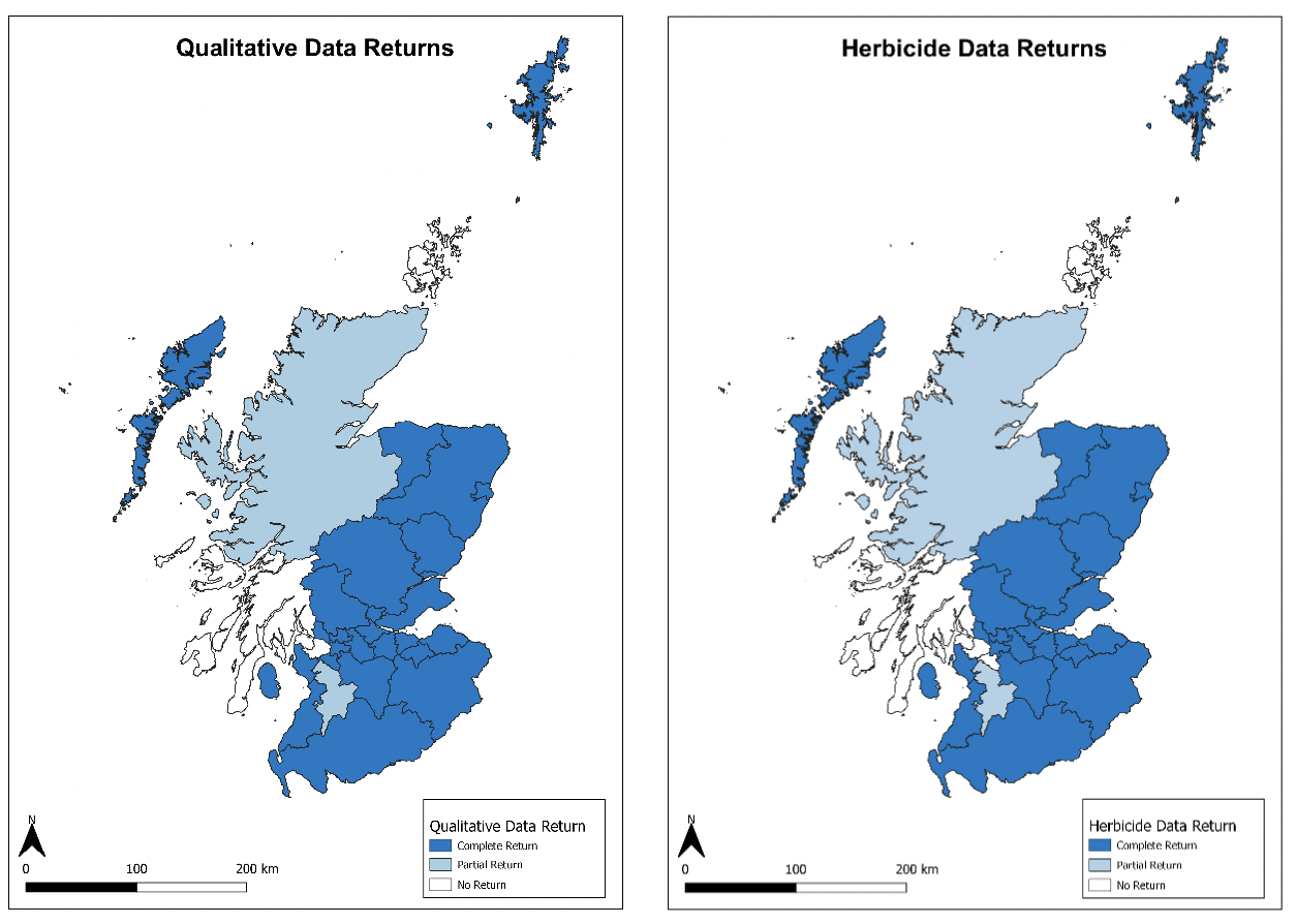 Maps showing which Scottish Local Authorities supplied 2019 qualitative and herbicide data.
