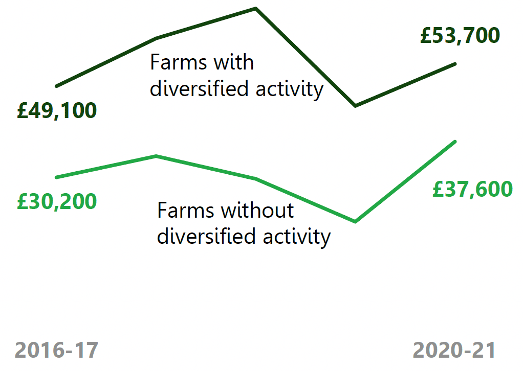 A line chart shows the farm income for farms with and without diversified activities over a five year period.