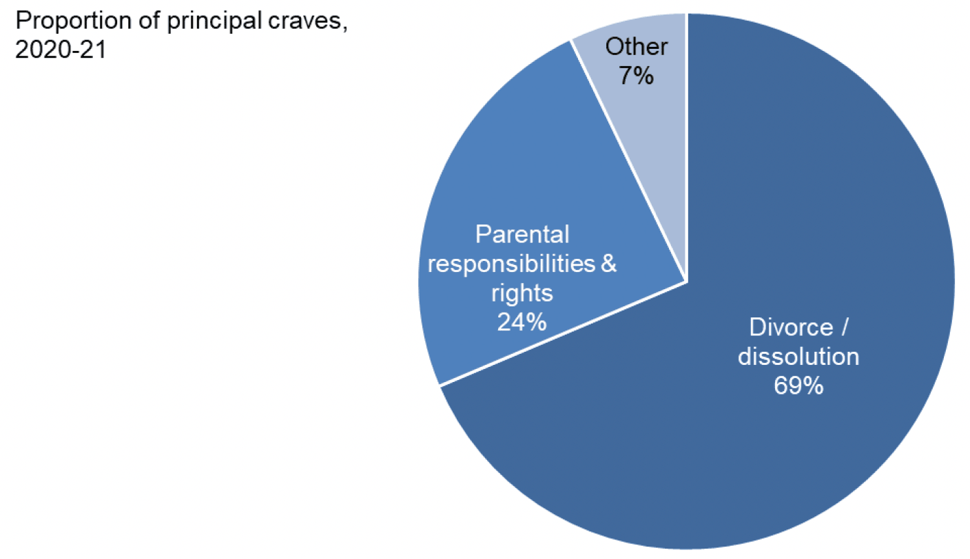 Chart showing the distribution of family cases by type in civil courts for 2020-21.