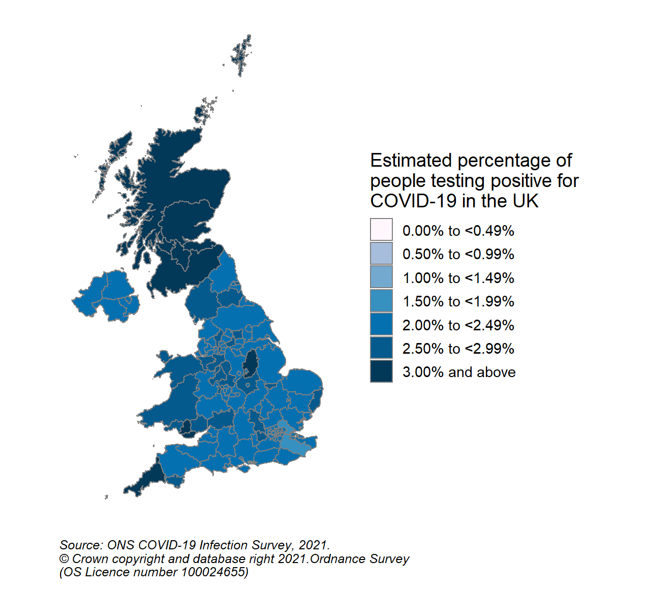 This colour coded map of the UK shows the modelled estimates of the percentage of the private residential population testing positive for COVID-19, by COVID-19 Infection Survey sub-regions. In Scotland, these sub-regions are comprised of Health Boards. The regions are: 123 - NHS Grampian, NHS Highland, NHS Orkney, NHS Shetland and NHS Western Isles, 124 - NHS Fife, NHS Forth Valley and NHS Tayside, 125 - NHS Greater Glasgow & Clyde, 126 - NHS Lothian, 127 - NHS Lanarkshire, 128 - NHS Ayrshire & Arran, NHS Borders and NHS Dumfries & Galloway.  In the most recent week (1 to 7 May 2022), estimates for the percentage of people testing positive were similar for all CIS Regions in Scotland and ranged from 3.17% in CIS Region 128 (NHS Ayrshire & Arran, NHS Borders and NHS Dumfries & Galloway) (95% credible interval: 2.65% to 3.81%) to 3.25% in CIS Region 127 (NHS Lanarkshire) (95% credible interval: 2.65% to 3.89%).
