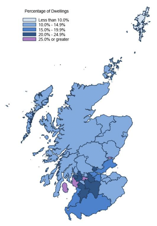 Map showing proportion of chargeable dwellings in receipt of CTR by local authority, March 2022