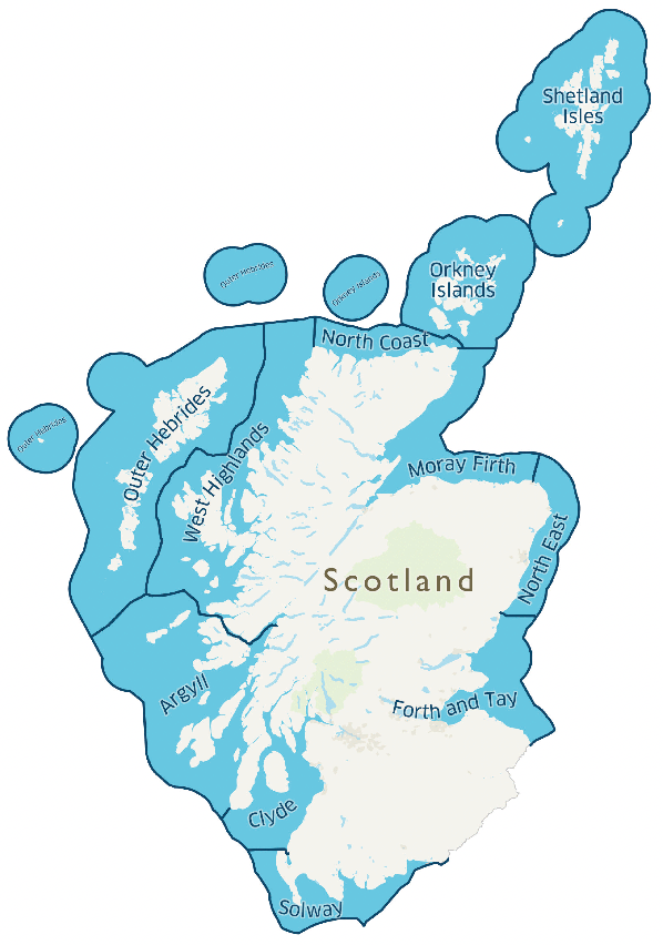 This is a map showing each of the Scottish Marine regions. The map is split into 11 areas around the coastline: Shetland isles, Orkney Isles, North Coast, Moray Firth, West Highlands, North East, Forth and Tay, Argyll, Clyde and Solway.