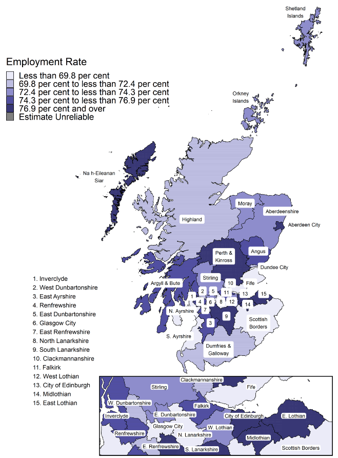Map of Scotland showing the employment rate for each local authority area for 2021