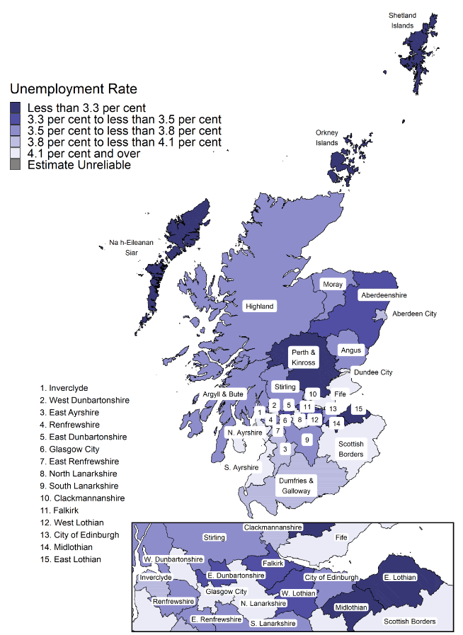 Map of Scotland showing the model based unemployment rate for each local authority area for 2021