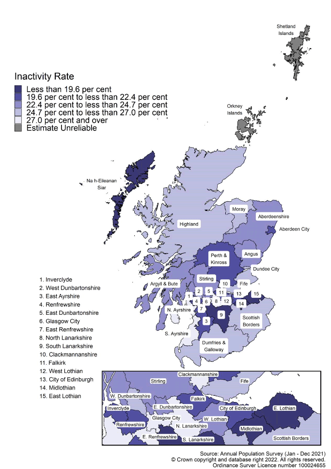Map of Scotland showing the economic inactivity rate for each local authority area for 2021