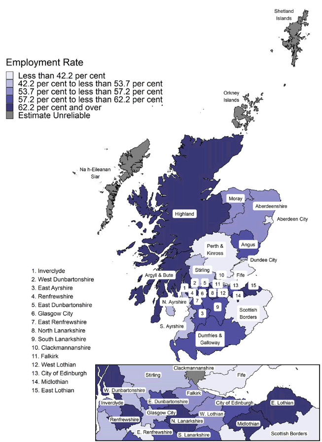 Map of Scotland showing the employment rate for 16 to 24 year olds in each local authority area for 2021