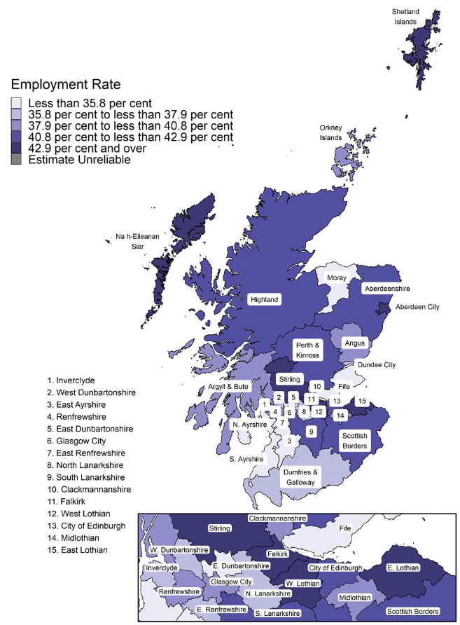 Map of Scotland showing the employment rate for those aged 50 and over in each local authority area for 2021