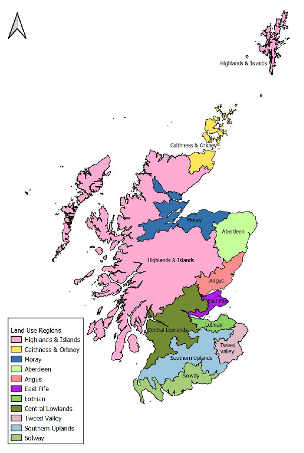 Map of Scotland showing locations of the eleven land use regions sampled.