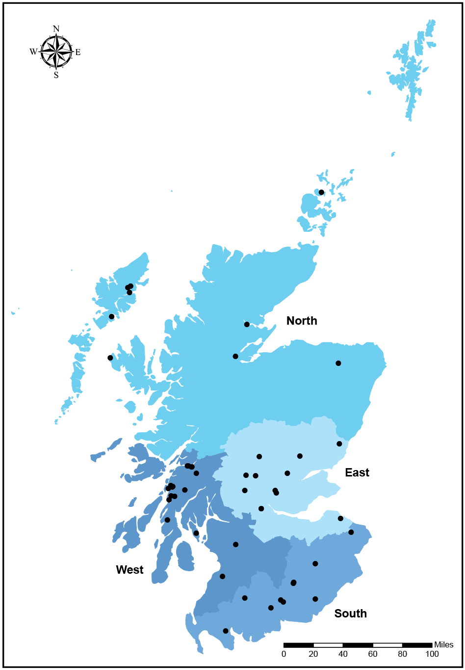 This is a map showing the distribution of active rainbow trout sites in Scotland in 2021. The map is split into 4 areas: North, East, West and South and has black dots showing where each site is on the map.
