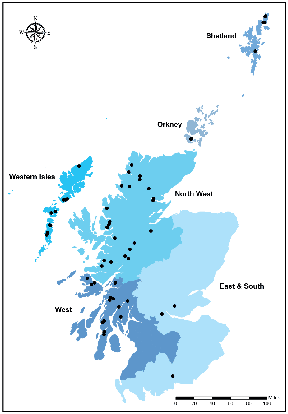 This is a map showing the distribution of active Atlantic salmon smolt sites in Scotland in 2021. The map is split into 6 areas: Shetland, Orkney, North West, East & South, West and Western Isles and has black dots showing where each site is on the map.