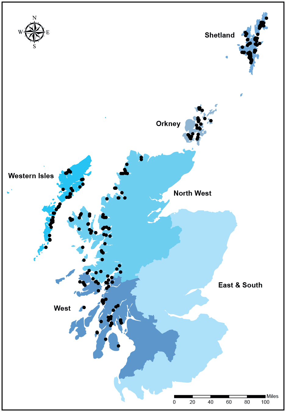 This is a map showing the distribution of active Atlantic salmon production sites in Scotland in 2021. The map is split into 6 areas: Shetland, Orkney, North West, East & South, West and Western Isles and has black dots showing where each site is on the map.