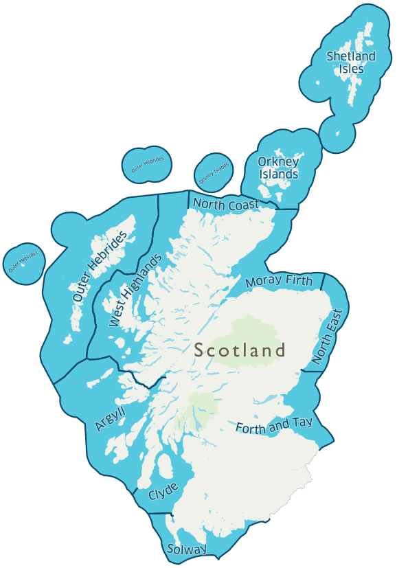 This is a map showing each of the Scottish Marine regions. The map is split into 11 areas around the coastline: Shetland Isles, Orkney Isles, North Coast, Moray Firth, West Highlands, North East, Forth and Tay, Argyll, Clyde and Solway.