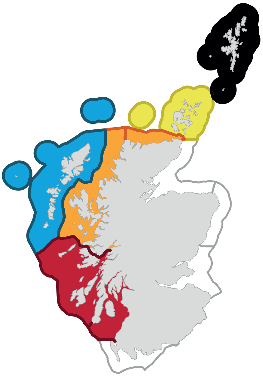 This map has the same areas shown as figure 4. It has different colours for each region to tie in with data shown on the following line graphs.