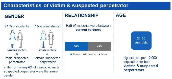 Gender: 81 percent of incidents involved a female victim and a male suspected perpetrator. 15 percent of incidents involved a male victim and a female suspected perpetrator. In the remaining 4 percent of cases, victim and suspected perpetrator were the same gender

Relationship: half (50 percent) of incidents were between current partners (49  percent between ex partners, and less than 1 percent was classed as ‘other’ relationship)

Age: people aged 31 to 35 years old had the highest rate per 10,000 population for both victims and suspected perpetrators.
