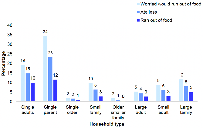 shows the proportion of adults (aged 16 and over) who experienced food insecurity in 2019/2021 combined by household type. There were some very noticeable differences in levels of food insecurity by household type. The highest levels of food insecurity were among single parents and single adults under the age of 65.