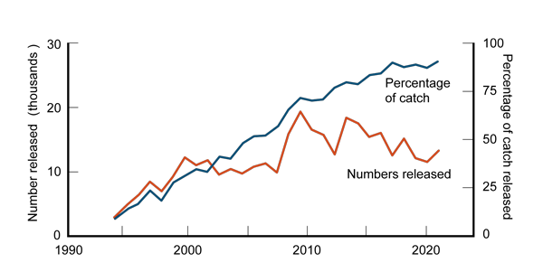 Line chart with two lines showing an increase in the percentage and number of sea trout released since 1994. The percentage released has increased faster than the number of catch released