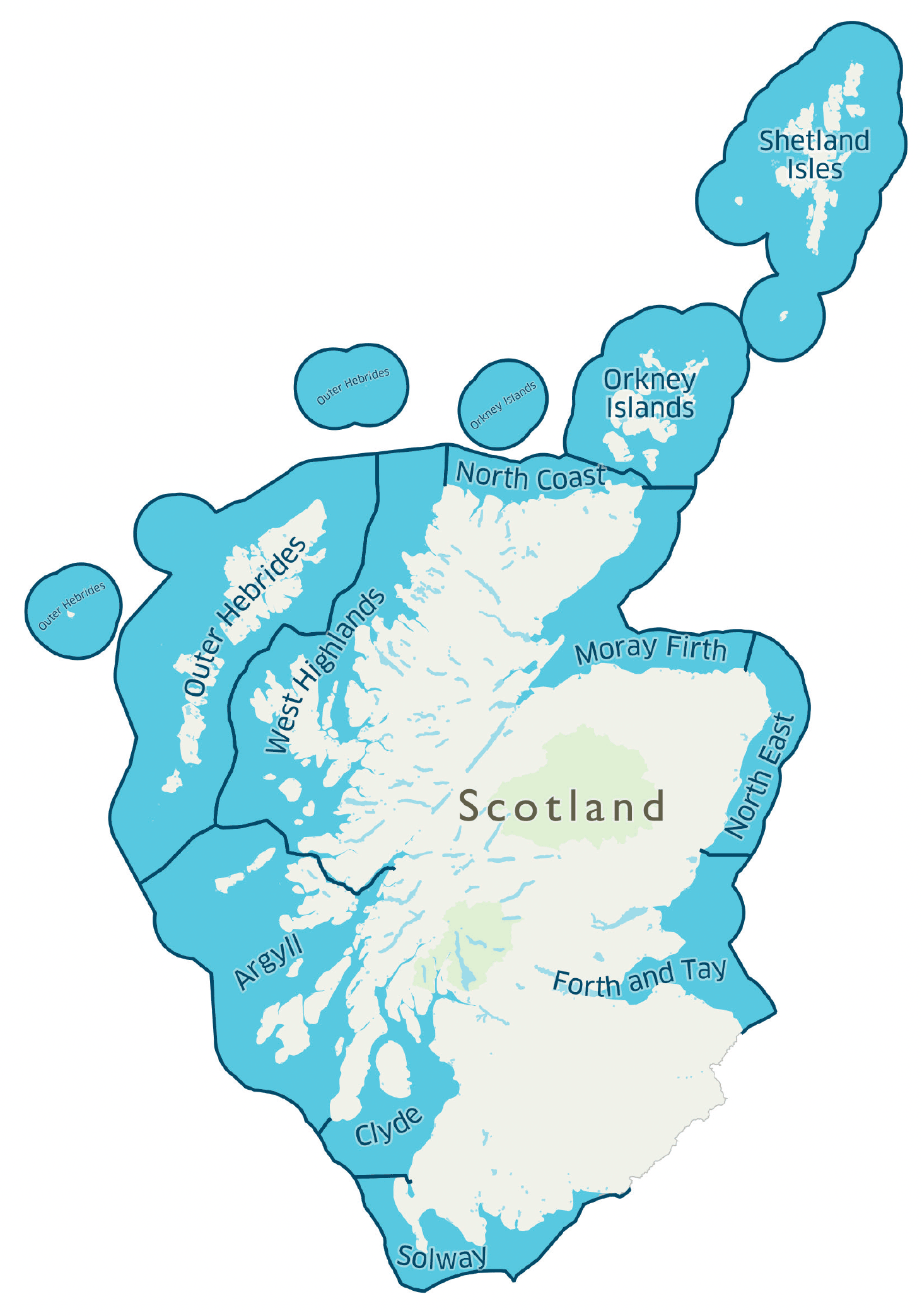 This is a map showing each of the Scottish Marine regions. The map is split into 11 areas around the coastline: Shetland isles, Orkney Isles, North Coast, Moray Firth, West Highlands, North East, Forth and Tay, Argyll, Clyde and Solway.