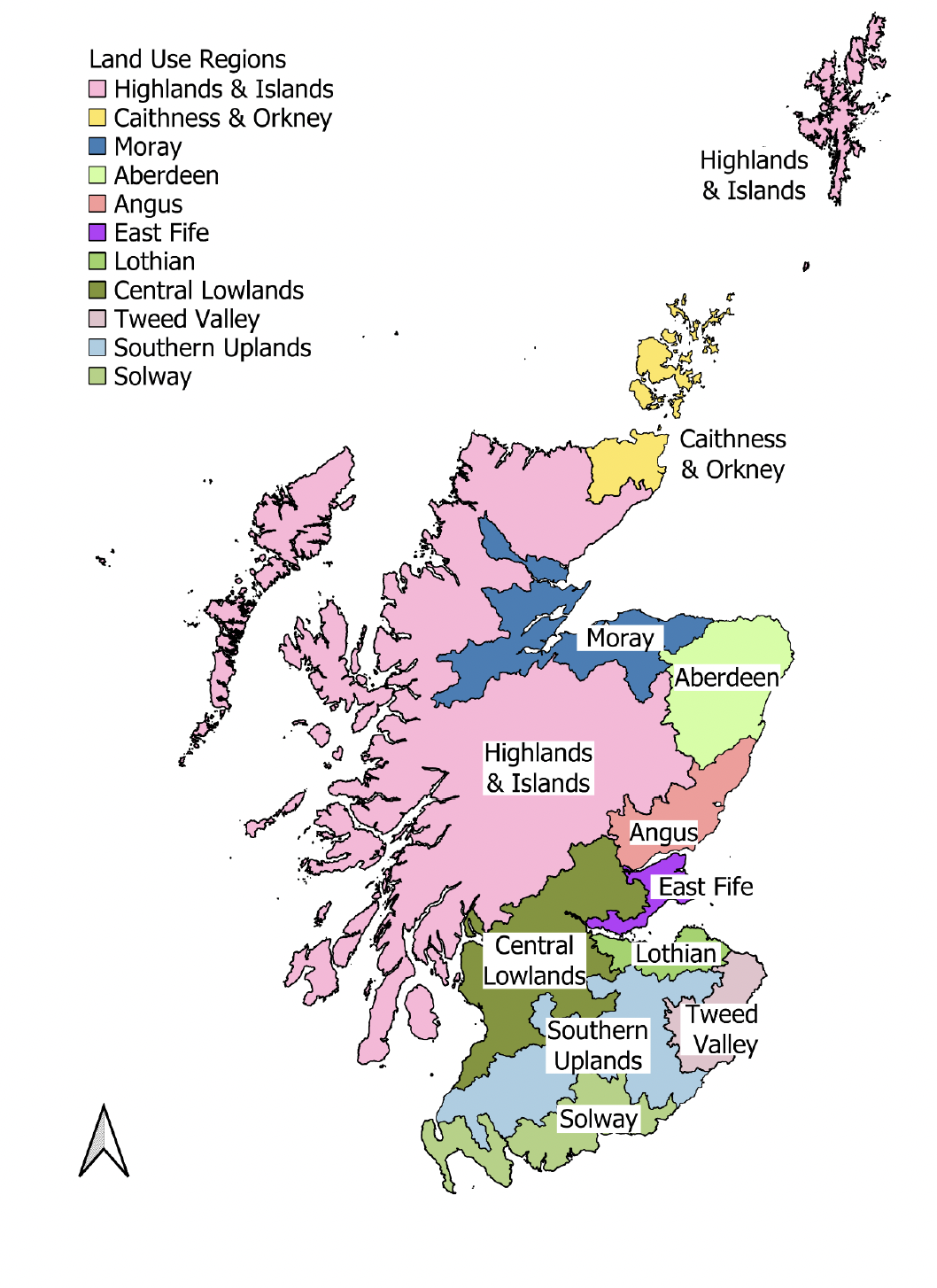 Map of Scotland showing locations of the eleven land use regions sampled: Highlands and Islands, Caithness and Orkney, Moray, Aberdeen, Angus, East Fife, Lothian, Central Lowlands, Tweed Valey, Southern Uplands and Solway.