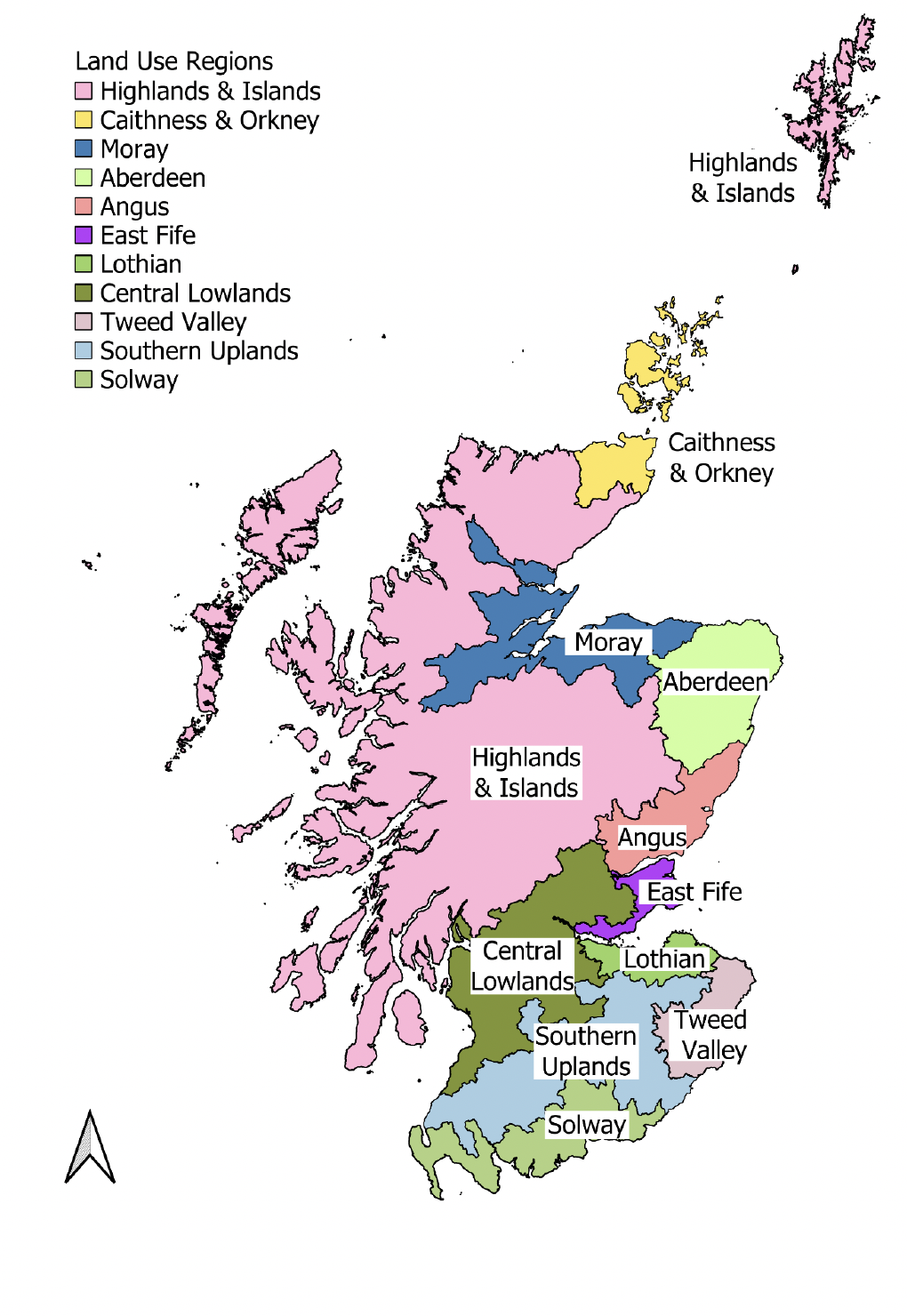 Map of Scotland showing locations of the eleven land use regions sampled: Map of Scotland showing locations of the eleven land use regions sampled: Highlands and Islands, Caithness and Orkney, Moray, Aberdeen, Angus, East Fife, Lothian, Central Lowlands, Tweed Valey, Southern Uplands and Solway.
