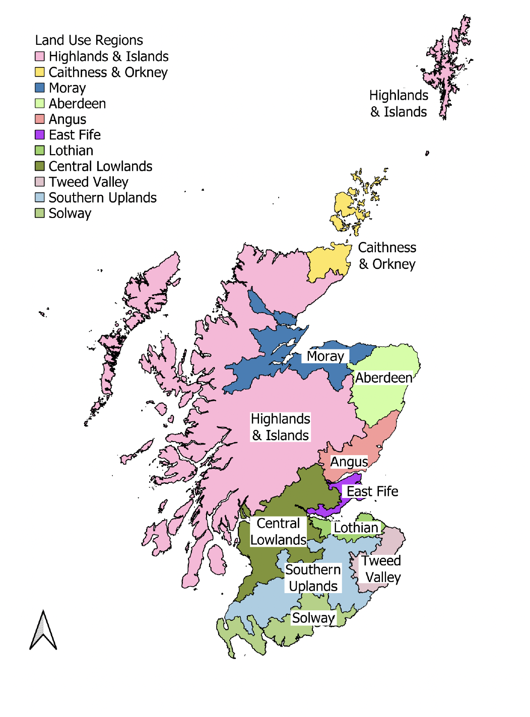 Map of Scotland showing locations of the eleven land use regions sampled.  Highlands and Islands, Caithness and Orkney, Moray, Aberdeen, Angus, East Fife, Lothian, Central Lowlands, Tweed Valey, Southern Uplands and Solway.