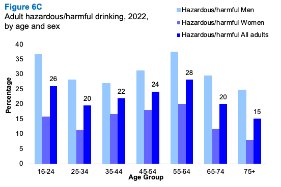 A bar graph showing the proportion of adults reporting hazardous drinking by age and sex. The graph shows differences in levels of hazardous drinking by age for men and women but no linear relationship.