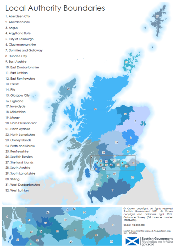 Map of Scotland showing boundaries for the 32 local authorities.