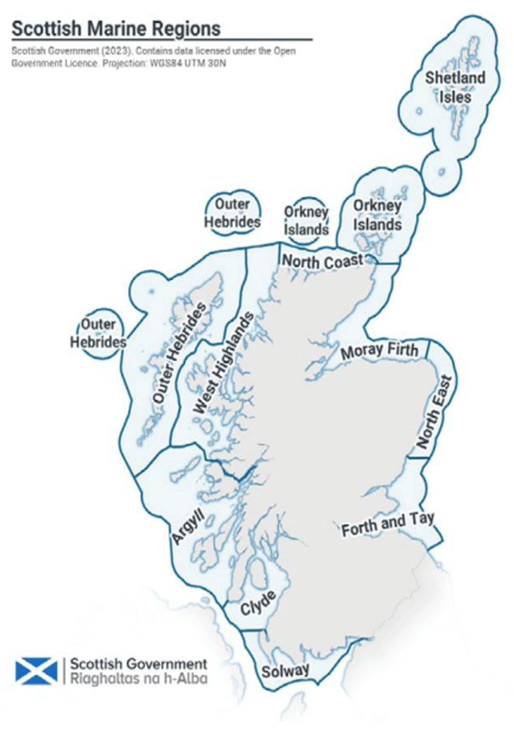 Figure 3 showing map of Scottish Marine Regions. The map is split into 11 areas around the coastline: Shetland isles, Orkney Isles, North Coast, Moray Firth, West Highlands, North East, Forth and Tay, Argyll, Clyde and Solway.
