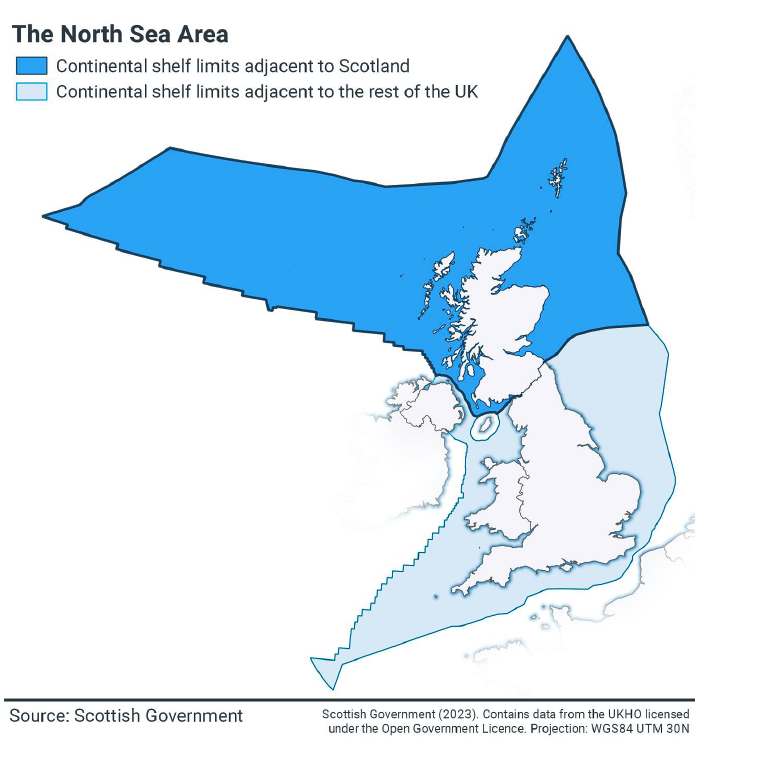 A map of the UK showing the continental shelf limits of sea areas adjacent to both Scotland and the rest of the UK.