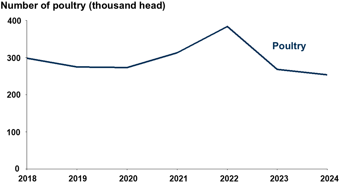 A line chart showing the change in organic poultry numbers from 2018 to 2024.
